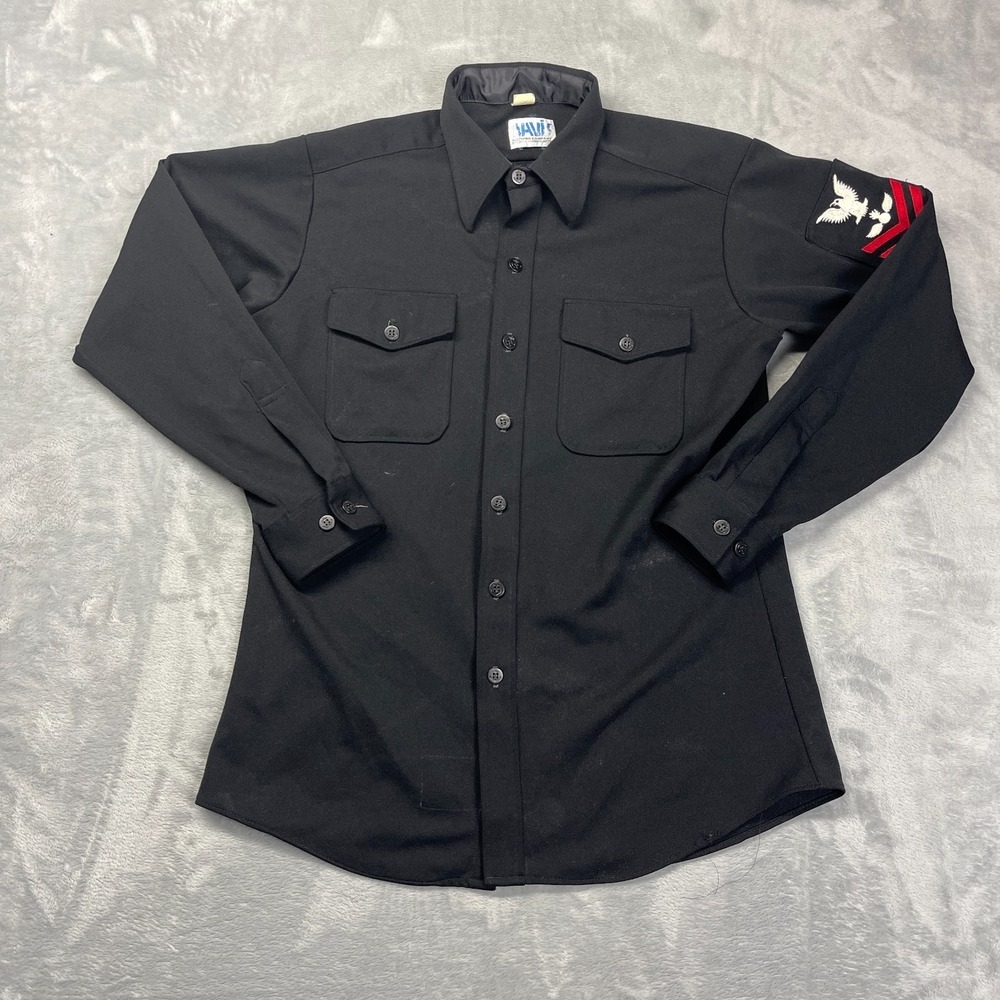 Davis US Navy Uniform Shirt Mens 16.5x35‎ Black Patch Logo Long Sleeve Button-Up